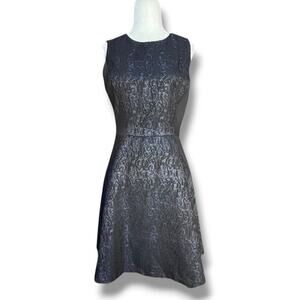 Aryn K Black Jacquard Fit Flare Sleeveless Navy Blue Cocktail Party Dress Small